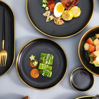 Vaisselle en porcelaine plaquée de luxe, assiette noire et dorée, ensemble de vaisselle en céramique à bord doré