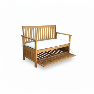 Cómodo banco de almacenamiento de madera para exteriores de 2 plazas con cojín para hoteles o exteriores para jardines - Product Image 1