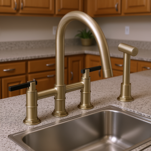 Grifo de Cocina Bridge de Doble Manija, 4 Orificios, Montaje en Cubierta, Dorado Cepillado, Rociador Lateral, Caño Giratorio 360° para Fregadero - Product Image 2