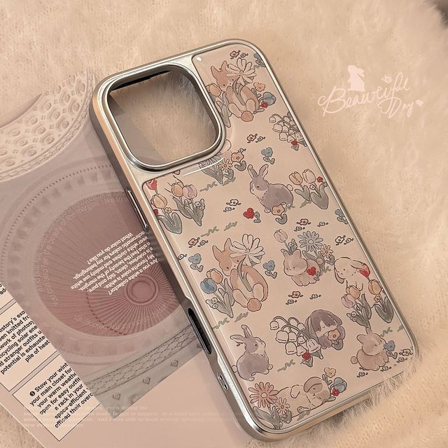 Ins Flower Rabbit Mobile Phone case for iphone 17 Promax 15 Plus 12 Shell Coque Shockproof Silver Edge Dropper Back Cover Funda