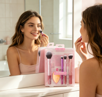 Großhandel Rosa 5-teiliges Make-up-Pinsel-Set mit Beauty-Schwamm Transparentes Etui Foundation Puder Rouge Lidschatten Pinsel-Kit für Frauen