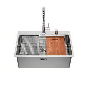Fregadero de cocina empotrable de un solo seno Lnupu de 33 pulgadas, de acero inoxidable pulido, estilo rústico con estación de trabajo con borde. - Product Image 1