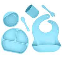 Kit d'alimentation pour bébé en sevrage 5 pièces |   Assiette compartimentée en silicone de qualité alimentaire, cuillère souple, gobelet d'apprentissage, bavoir - Écologique et non toxique