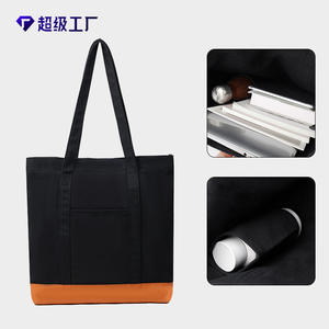 Bolso Tote Casual Super Factory, Negro, Mezclilla y Cuero, Cuadrado, Gran Capacidad, Viajes, Trabajo, Uso Diario, Minimalismo Urbano - Product Image 1