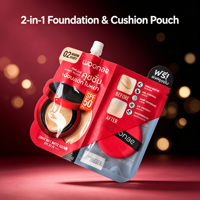 Pochette cosmétique découpée à la forme unique avec bec verseur, logo personnalisé imprimé, emballage 2-en-1 pour fond de teint en coussin