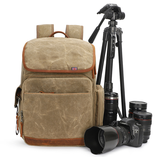Vintage Waterproof Waxed Canvas DSLR Photography Backpack Compact Travel Laptop Bag for Camera and Lenses