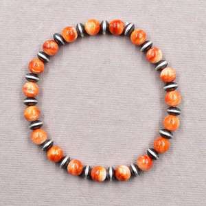 Handmade Sterling Silver Pearls & Orange Spiny Oyster Turquoise Stretch <b>Bracelet</b> Stylish Jewelry <b>Men</b> Women Unisex - Product Image 5
