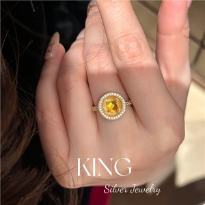 King Silver Jewelry S925 Sterling Silver Gold Plated Disc Yellow Crystal <b>Ring</b> And Earrings Set Women's Everyday Wear - Product Image 5