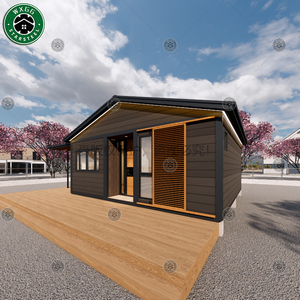 Maison préfabriquée modulaire portable en conteneur, structure en acier, panneaux en bois foncé avec terrasse, cuisine complète, aménagement salle de bain - Product Image 3