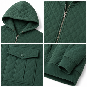 Chaqueta con capucha acolchada verde oscuro para mujer OEM, con cremallera, diseño de diamantes personalizado, estilo casual, tipo sudadera. - Product Image 6