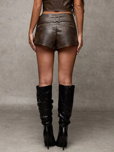 VARLDENS Sleek Rebellion Streetwear <b>Mini</b> Shorts Breathable Faux <b>Leather</b> (PU-coated Poly Blend) in Coffee Brown & Jet Black - Product Image 3