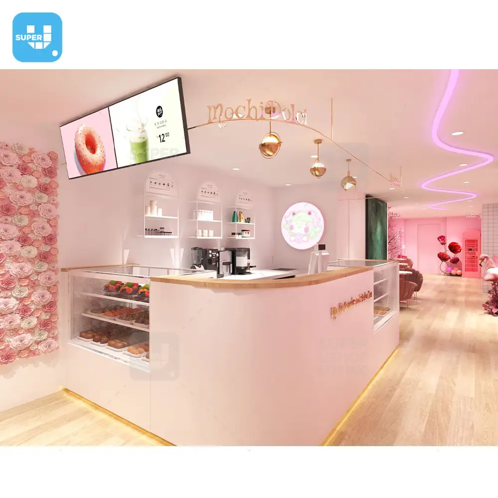 Custom Retail Milk Tea Store Interior Decoration Bubble Kiosk Hot Trendy Boba Tea Shop Counter For Matcha Tea Design