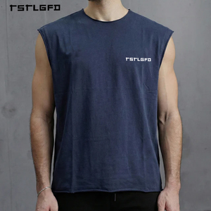 Camiseta sin mangas premium ajustada para hombre, <span class=keywords><strong>azul</strong></span> <span class=keywords><strong>marino</strong></span> liso, con tela elástica transpirable y corte muscular con borde sin rematar, venta al por mayor. - Product Image 3