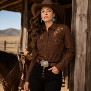 <b>Western</b> Embroidered Unisex Cotton <b>Shirt</b> Long Sleeve Casual Twill Handmade Breathable Autumn Style - Product Image 1