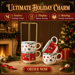 Set di Tazze Natalizie per Intrattenimento Festivo, Tazze da Caffè in Porcellana con Stampa a Doppio Lato di Ghirlande e Agrifoglio, 180ml, Impilabili - Product Image 1
