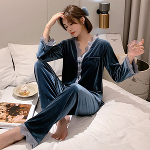 Pigiama personalizzato in velluto <span class=keywords><strong>donna</strong></span> stile 2024 invernale Cardigan Casual elastico in vita tinta unita traspirante Logo anteriore Loungewear - Product Image 3