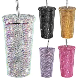 100 buah Tumbler minuman berlian imitasi Glitter Logo Ccustom gelas minum baja tahan karat terisolasi dinding ganda Mug perjalanan kopi dengan tutup