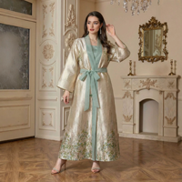 Abaya en polyester brillant jacquard à col ouvert, ceinturée, kimono à manches larges, robe maxi élégante à fleurs pour femmes musulmanes, pour soirée