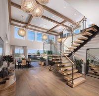 Escalier moderne en bois de chêne massif à poutre unique avec barre solide, garde-corps en verre et en métal, utilisation intérieure pour appartements et maisons