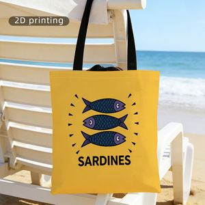Sac à main à motifs avec une grande capacité. Il présente un motif de poisson sur un fond orange avec du texte sur les sardines et des écailles bleues - Product Image 1