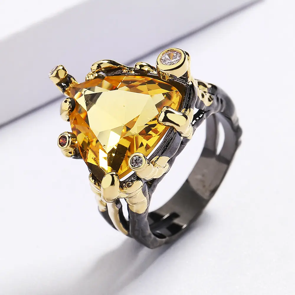 Modeschmuck KYRA01742 Schwarzer rhodinierter gelber Edelstein Vintage Ring für Frauen