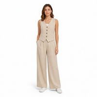 Ensemble tailleur femme en lin beige, gilet col en V et pantalon large, style Old Money, deux pièces