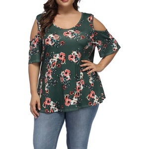 Blus Wanita Motif Bunga 5XL Atasan Cold Shoulder Pakaian Tropis Ukuran Besar Tunik Lengan Setengah Kaos Oversize - Product Image 4