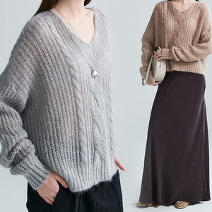 Pull oversize en <span class=keywords><strong>mohair</strong></span> pour femme, col en V, anti-boulochage, épais, toucher duveteux, pour l'automne/hiver, tricot minimaliste en laine, respirant, décontracté - Product Image 2