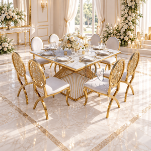 Ensemble de table à manger haut de gamme en acier inoxydable avec plateau en verre carré et chaises à dossier rond pour événements de mariage - Product Image 1