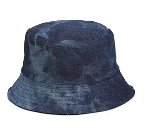 Topi dicuci ikat celup retro Eropa dan Amerika wanita, topi denim ember matahari dua sisi untuk luar ruangan Musim Semi