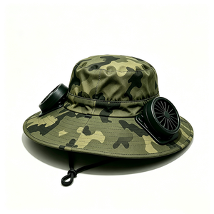 Unisex Camo Wide Brim Bucket <b>Hat</b> Dual <b>Cooling</b> Fans UPF50+ UV Protection Outdoor Fishing Hiking Windproof Chin Strap <b>Hat</b> - Product Image 6