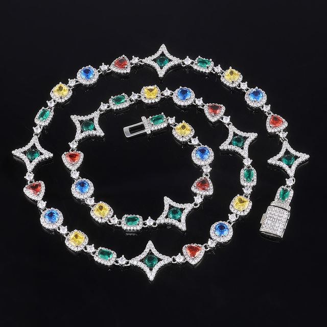 New Arrival Colorful Gemstone Chain for Women 18K Gold Plated Colored Zircon Geometry Motif Link Necklace Hip Hop Jewelry