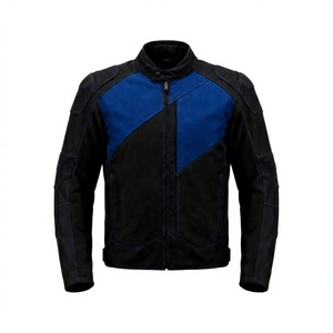Blouson de moto en cuir noir et bleu à blocs de couleur, manches longues, fermeture éclair, col montant, coupe-vent, imperméable, pour la moto - Product Image 1