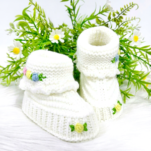 Adorable Hand-Knitted Baby <b>Booties</b> with Floral Embroidery - Product Image 1