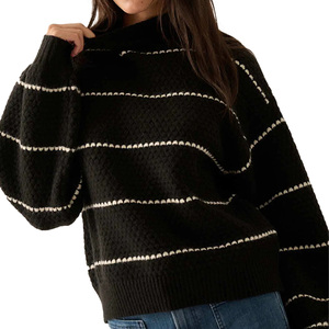 بيع بالجملة مخصص المرأة الصوف مزيج محبوك سترة وهمية الرقبة مخطط نمط محكم متماسكة مكتب عارضة تبدو اليومية نمط أنيق - Product Image 4