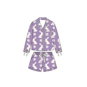 Pyjamas de Pâques personnalisés pour enfants, imprimé lapin et œuf mignon sur toute la surface, haut à manches longues boutonné, short à taille élastique - Product Image 3