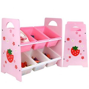 Kids Playroom Store Toys <b>Pink</b> Natural Wood Durable Toy Storage Organizer With 6 Removable Plastic Bins - Product Image 6