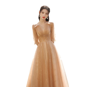 Bridesmaid Dress 2025 Elegant Khaki Long V Neck Tulle Evening Gown For Wedding Banquet Women Simple Style - Product Image 5