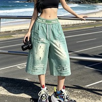 F155/Shorts en jean amples pour femme, collection Printemps, motif diamants, design tendance de marque, anti-boulochage, élégants pour le style urbain