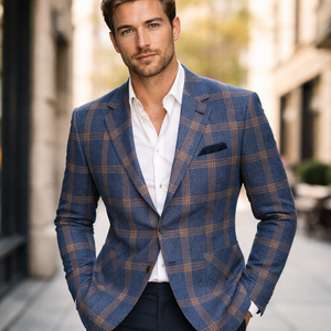 <span class=keywords><strong>Blazer</strong></span> Tweed Kotak-kotak Cetak Logo Kustom Pria Kerah Notch 2 Kancing Biru Coklat Longgar Model High Street Pakaian Bisnis Kasual - Product Image 5