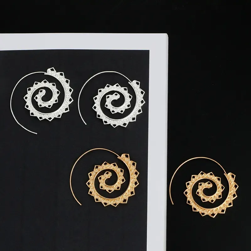 Vintage Tribal Style Dangle Drop Hoop Rotating Statement Earrings Stainless Steel Antique Gold Plated Women Spiral Stud Earrings