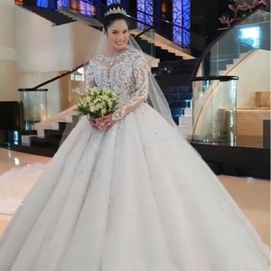 Vestidos de Novia Baratos de Encaje Estilo Princesa 2022 Hechos a Medida con Manga Larga Ilusión Blanco Marfil Traje Nupcial - Product Image 4