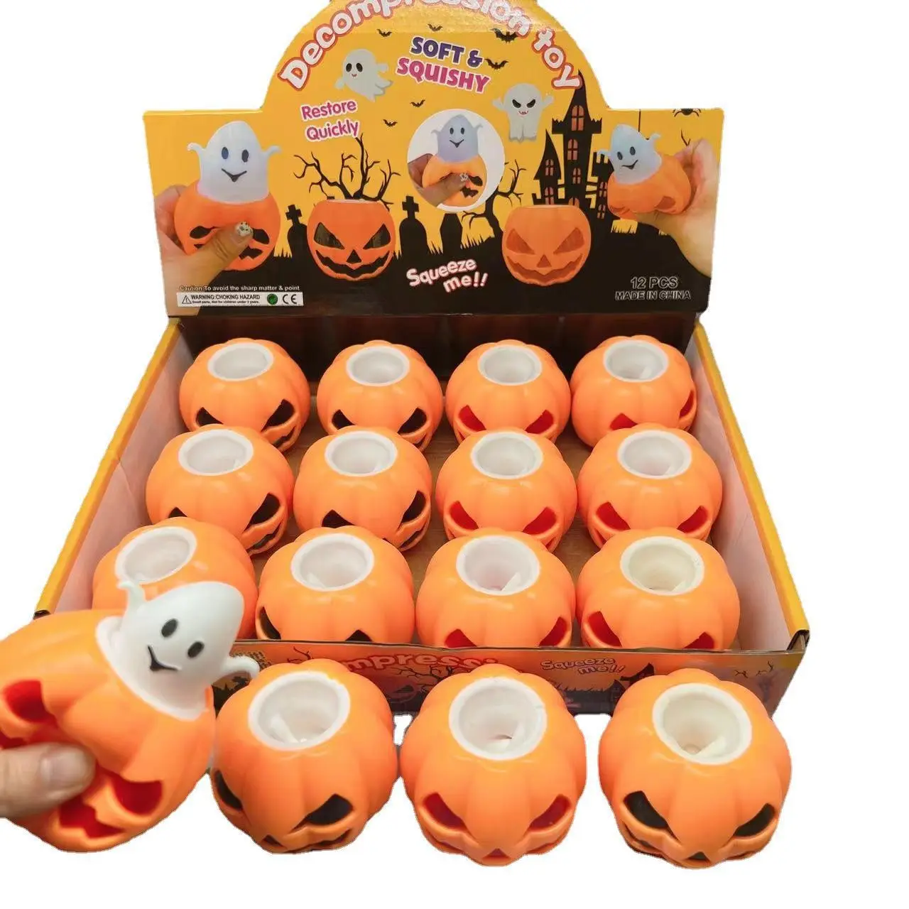 Hlc538 Groothandel Antistress Squeeze Vent Bal Halloween Grappige Spookkop Knijp Beker Speelgoed Pompoen Hoofd Beker Sensorisch Stressspeelgoed