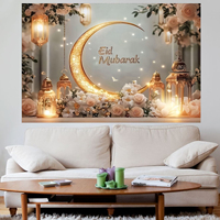 Bannière dorée Eid Mubarak, toile de fond avec lanternes, fleurs, lune, Umrah, Ramadan Kareem, toile de fond pour décoration islamique musulmane