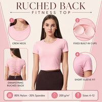 Haut de sport froncé pour femme à manches courtes avec bonnets intégrés, T-shirt de sport pour femme, tenue de gym et yoga, vêtements de sport féminins, logo personnalisé