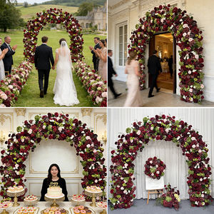 Decoración de Fondo para Boda con Flores Artificiales Modernas de Seda Suave Realista en Color Borgoña y Verde, con Rosas y Hortensias - Product Image 2