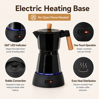 Cafetière électrique Moka 6 tasses avec base chauffante, poignée en bois à toucher froid et indicateur LED