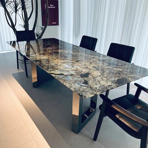 Table à manger rectangulaire de luxe en marbre artificiel <span class=keywords><strong>Dali</strong></span> avec pieds en acier inoxydable, démontable, fabriquée en Chine, haut de gamme, garantie 5 ans - Product Image 1