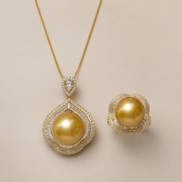 Ensemble de bijoux en or 18 carats avec perle de mer du Sud, diamant de laboratoire, pendentif feuille de lotus, bague, lustre champagne naturel, cadeau de mariage