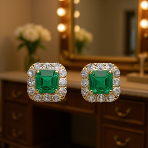 Boucles d'oreilles classiques en émeraude plaquées or 18 carats, diamant taille princesse, bijoux géométriques pour femme, pour soirée - Product Image 2